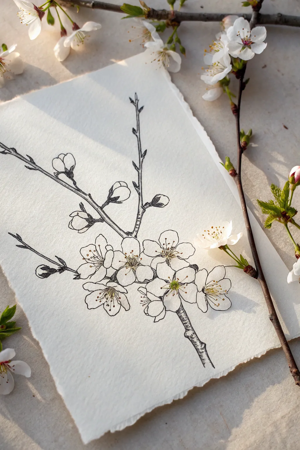 Minimal cherry blossom branch line art with clustered blooms and buds, perfect for beginners.