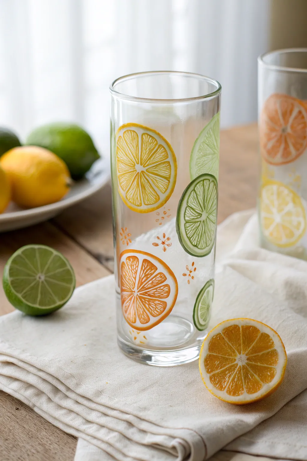 Minimal glass painting with citrus slices, bright Nordic light and a fresh boho tabletop.