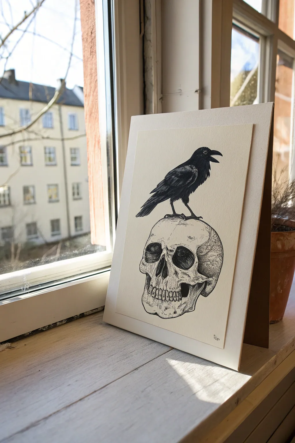 Minimal raven on skull drawing idea with bold contrast and clean goth vibes