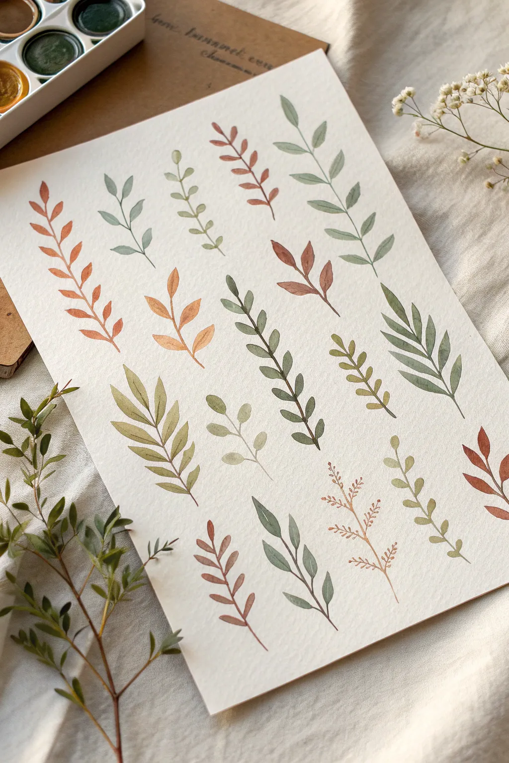 Mini gouache leaf sprigs in a calm limited palette, simple botanical icons for easy practice