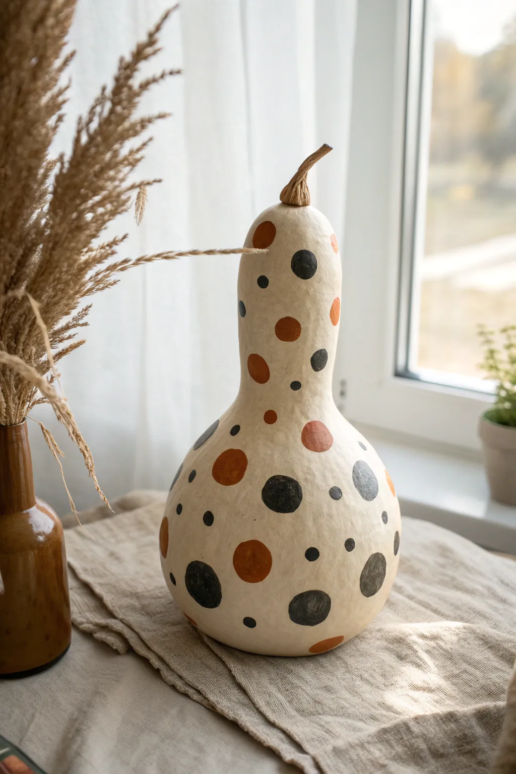 Bold polka-dot gourd centerpiece in cream and charcoal with a soft terracotta accent dot