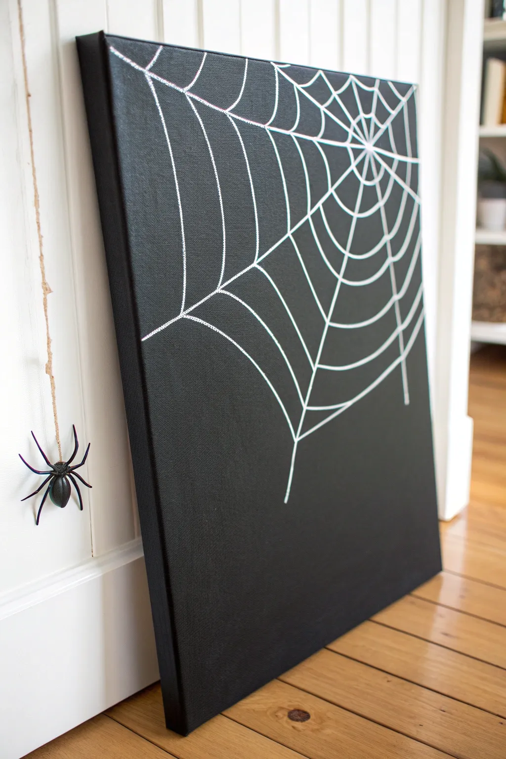 Bold corner spiderweb on matte black canvas, minimalist and striking for easy Halloween decor.