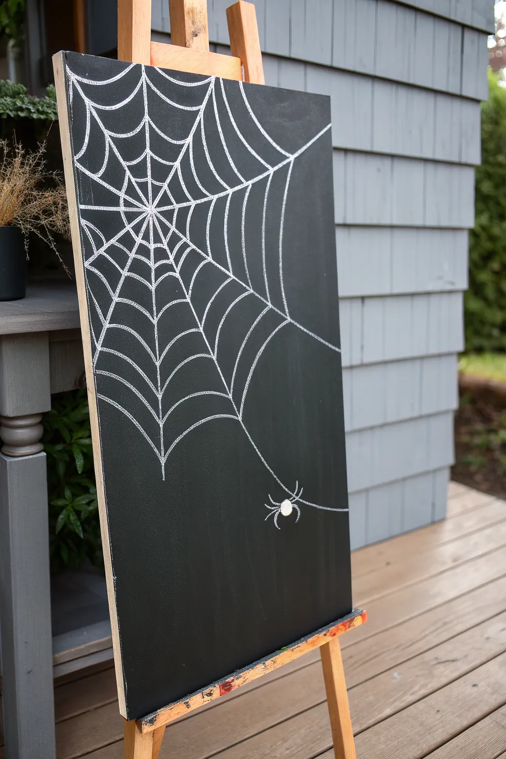Easy Halloween art: minimalist corner spiderweb lines on a dark canvas with a tiny dangling spider.