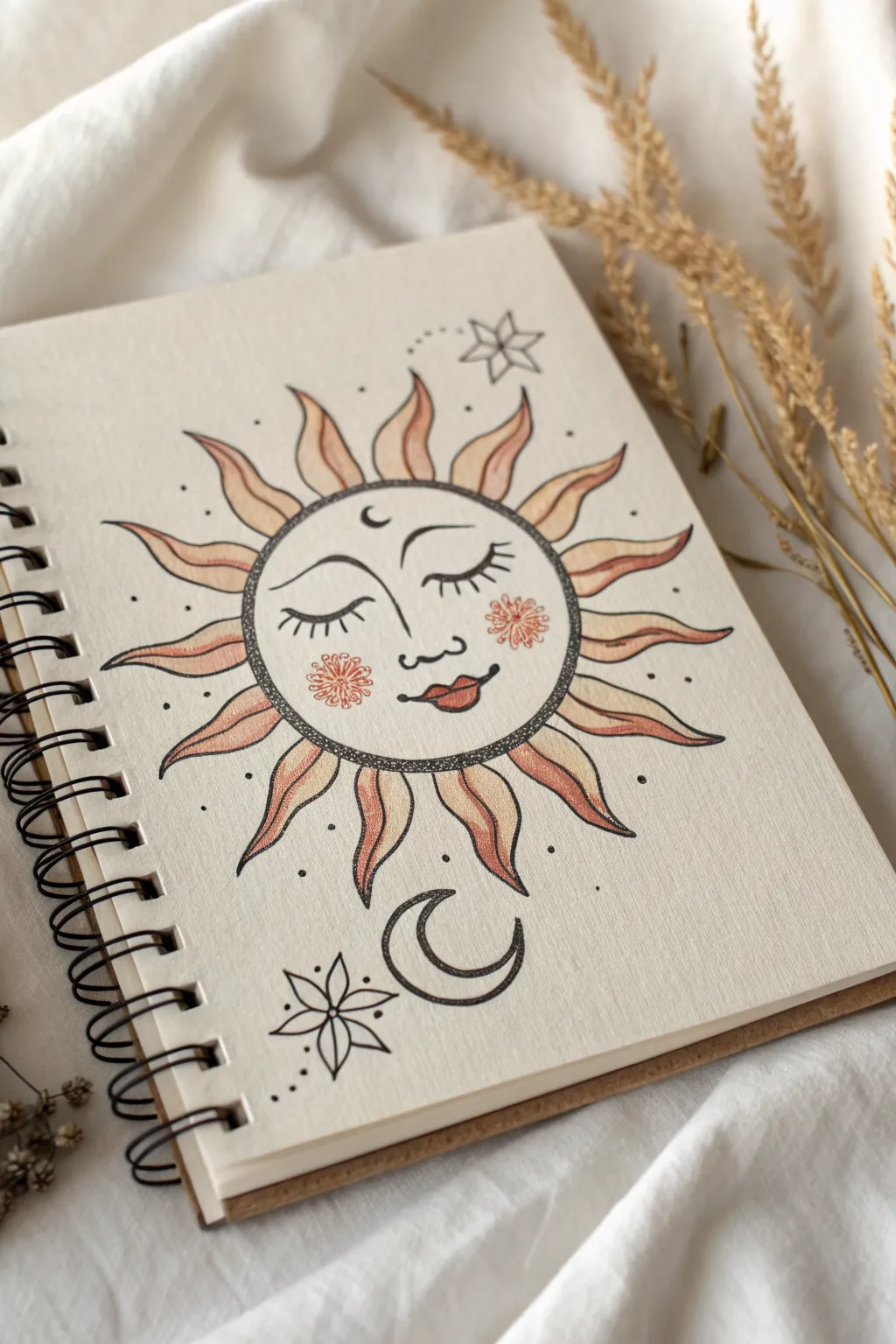 Simple wavy sun and sleepy moon face drawing idea in calm boho Scandinavian style