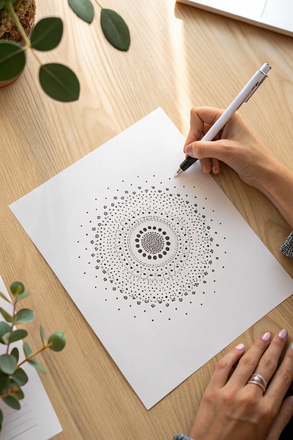 Dotwork sprinkle mandala with fading dots, shown step by step with a fine liner for easy inspiration