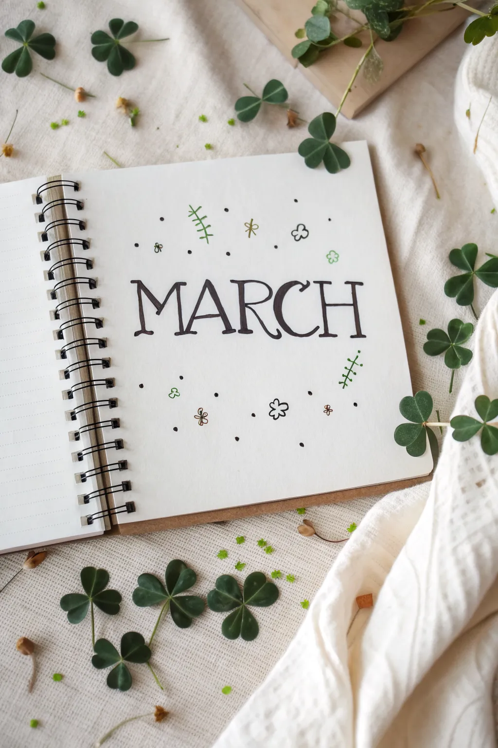 Easy March lettering with tiny clover accents in black ink and a soft sage-green touch