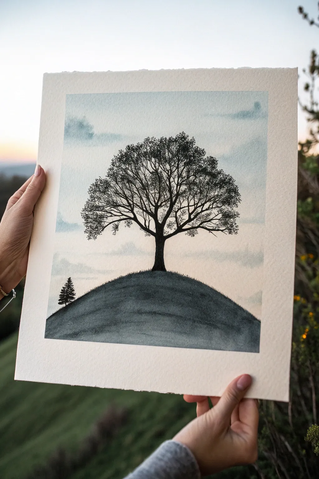 Simple single-tree value study: a clean hill silhouette and soft gradient sky for easy practice.