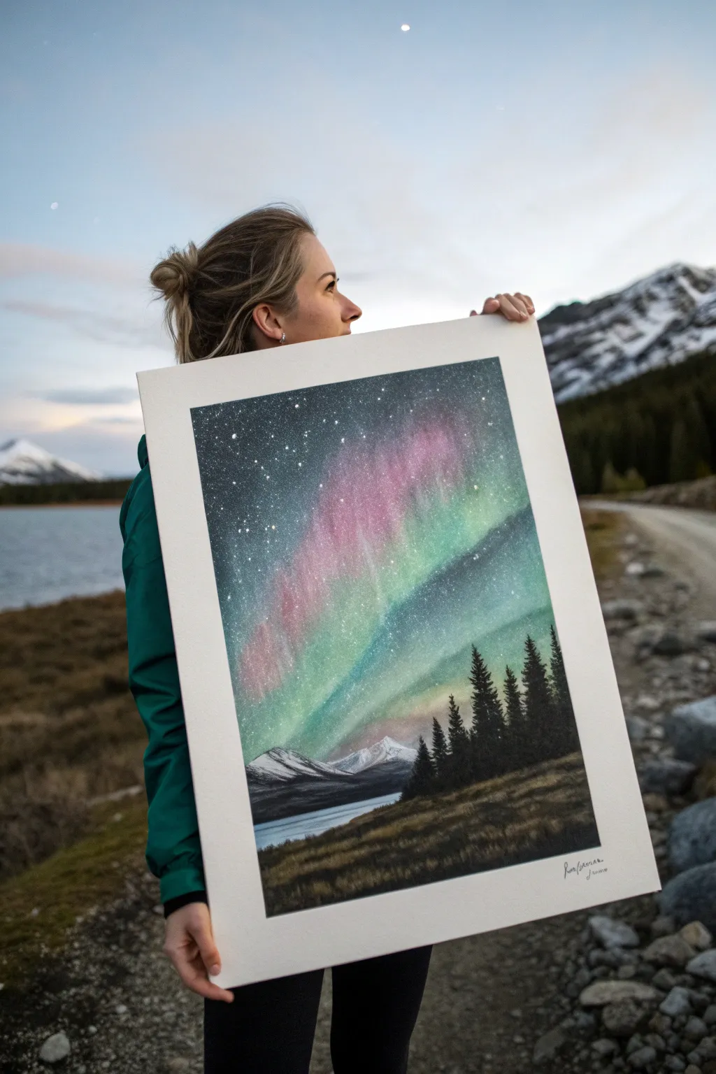Sponge-blended aurora glow on a dark sky, softly fading outward above a simple ridge silhouette.