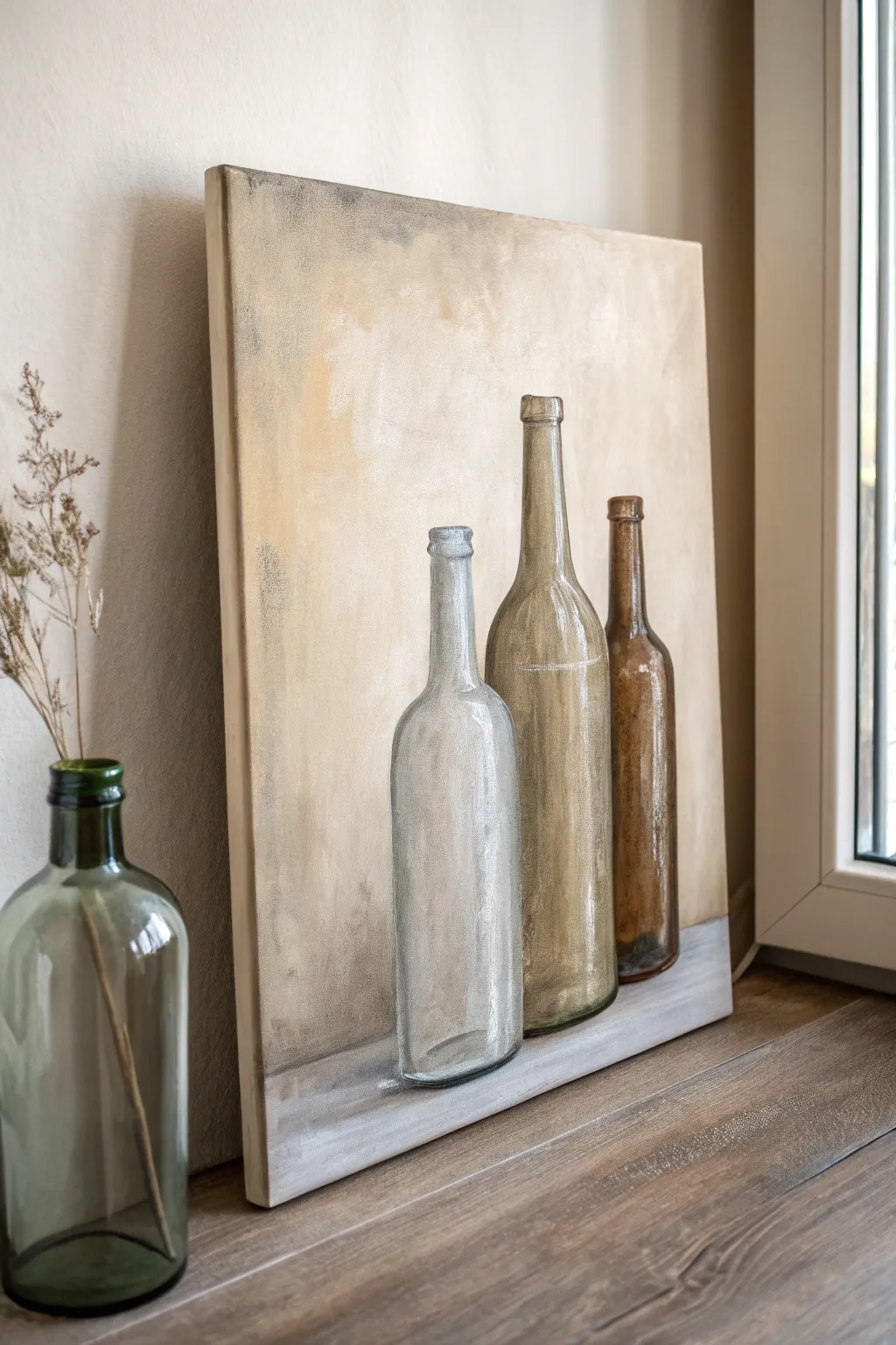 Calm three-bottle still life in muted neutrals, a simple oil painting idea with soft shadows.