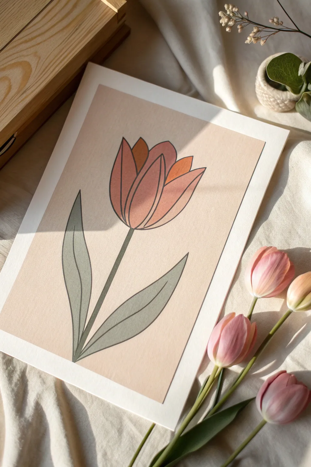 Easy color-block tulip on a calm neutral background for a soft modern aesthetic