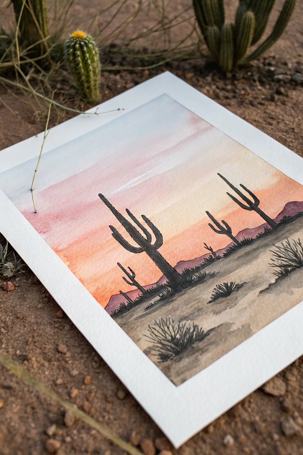 Paint an easy desert ombre sunset with bold cactus silhouettes for a calm minimalist vibe.