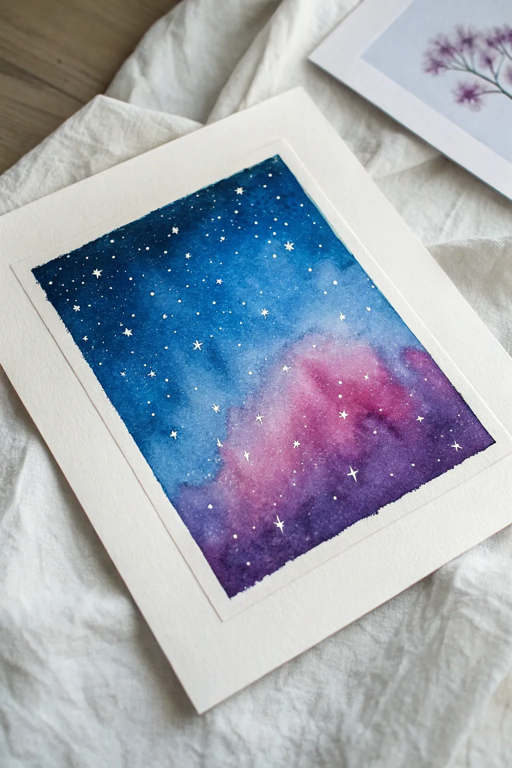 Beginner friendly galaxy wash in purples and blues, finished with flicked white star splatter