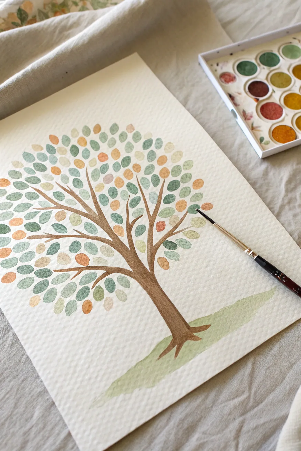 Q-tip dot trees: simple dotting makes a cheerful, full canopy without detailed brushwork