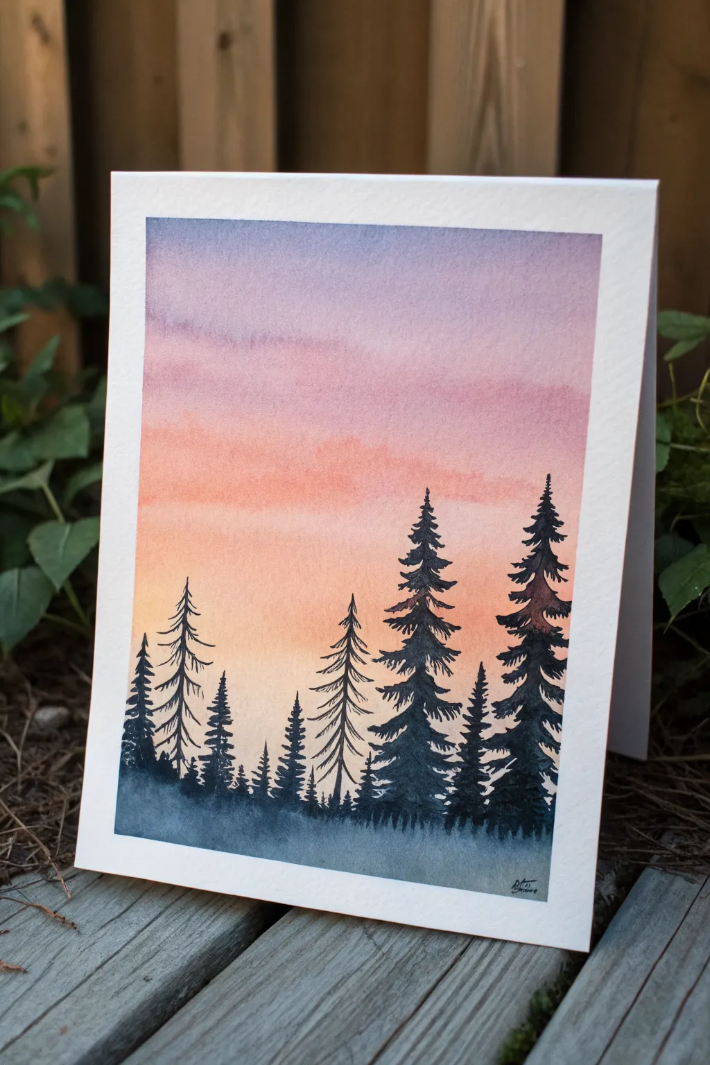Minimal dusk gradient with bold pine silhouettes, an easy calming painting idea for beginners.