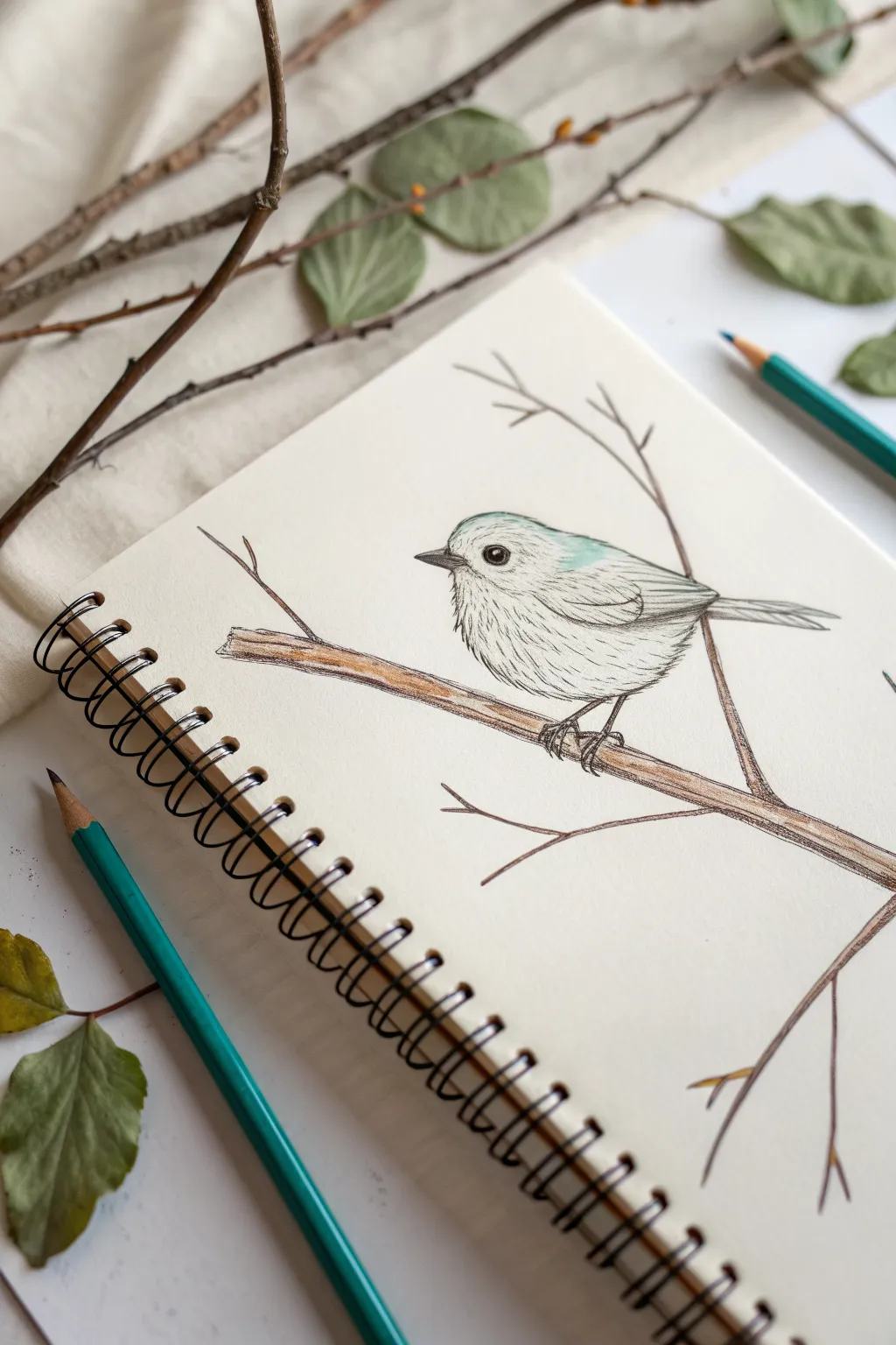 Simple colored pencil bird on a twig, warm browns with a teal wing accent for beginners