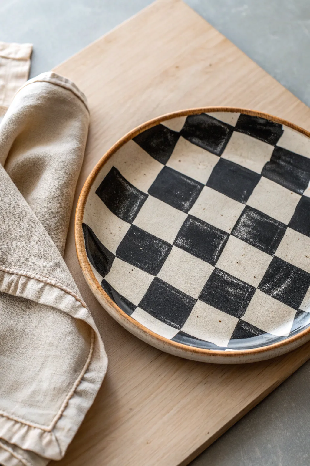 Classic checkerboard plate painting idea with a simple linen napkin, minimal and everyday beautiful