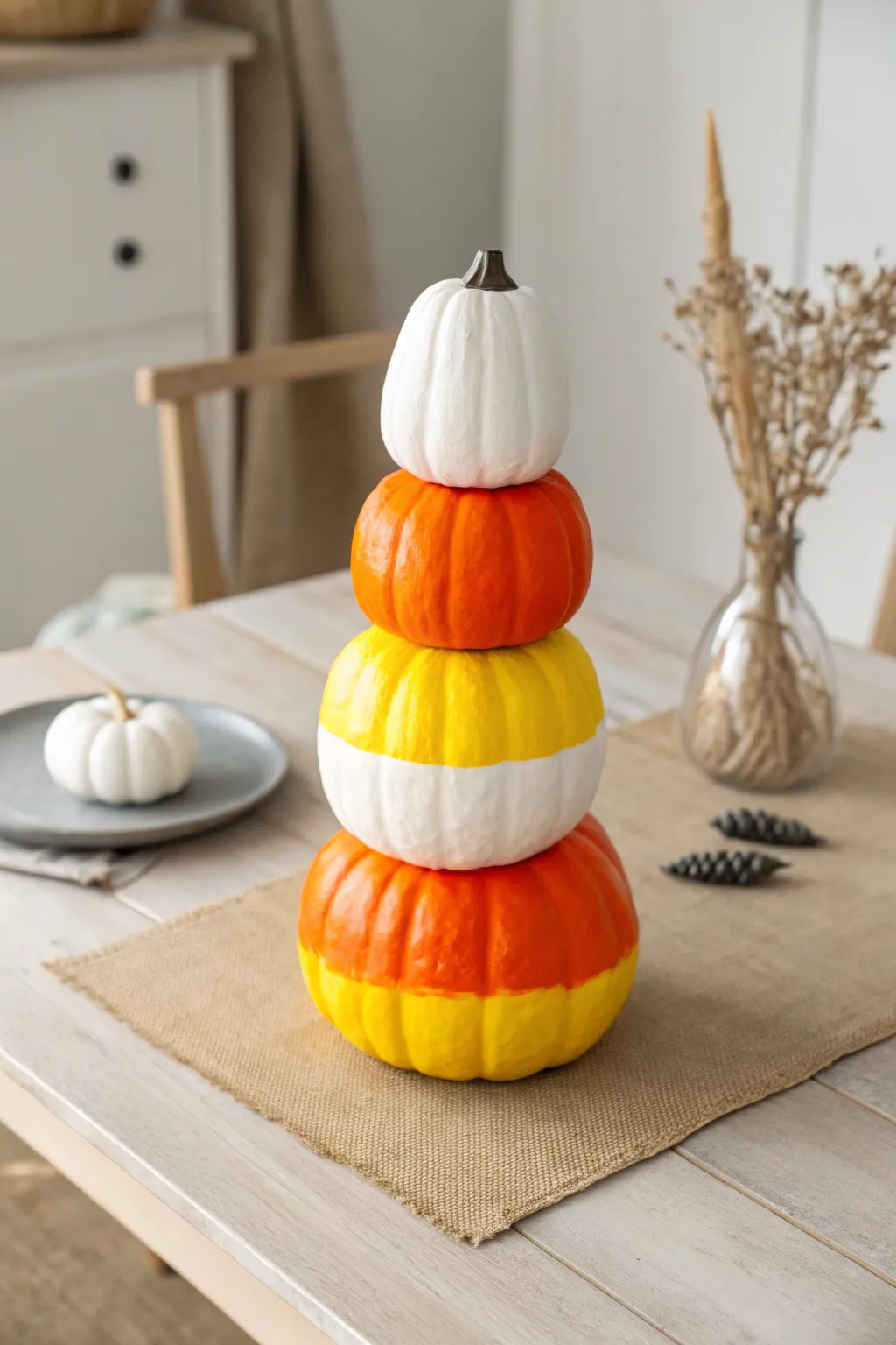 Sweeten up your autumn space with these chic and simple candy corn painted pumpkins.