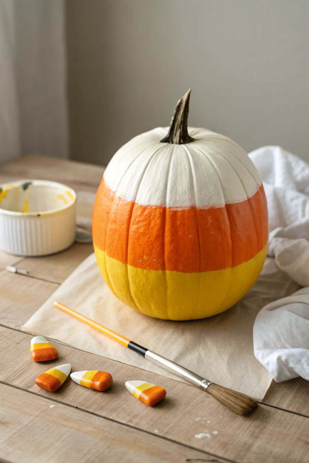 Candy corn color-block pumpkin for kids: crisp, easy bands drying on parchment paper, minimal setup