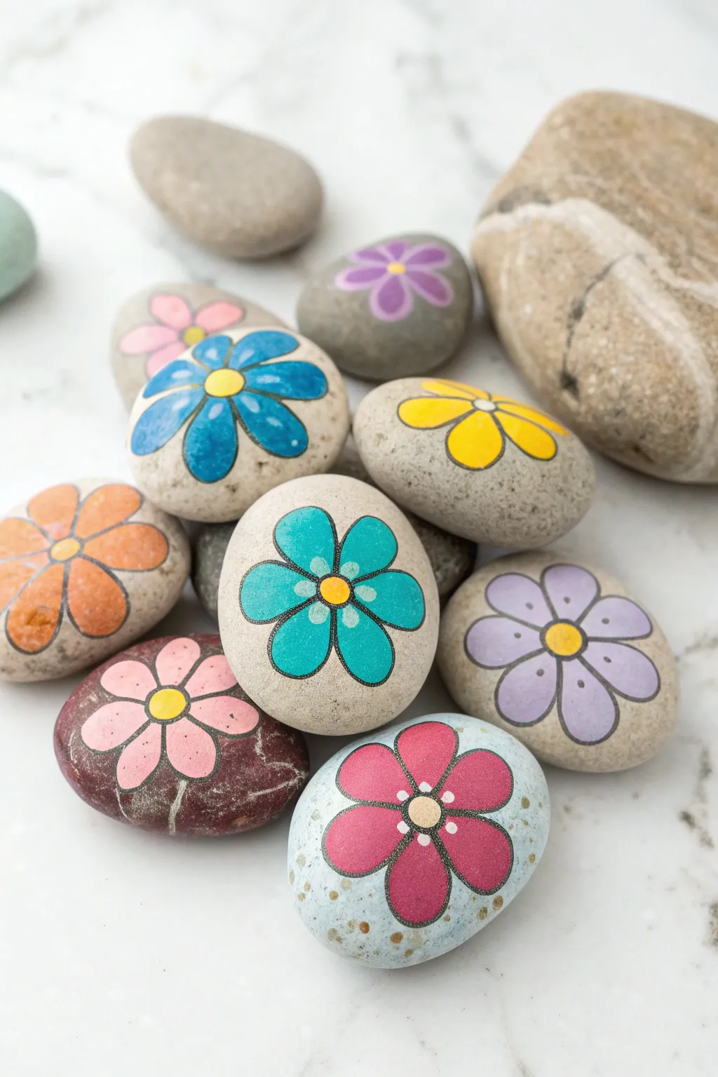 Bright flower rock bouquet with simple five-petal blooms and dot centers, perfect for kids.