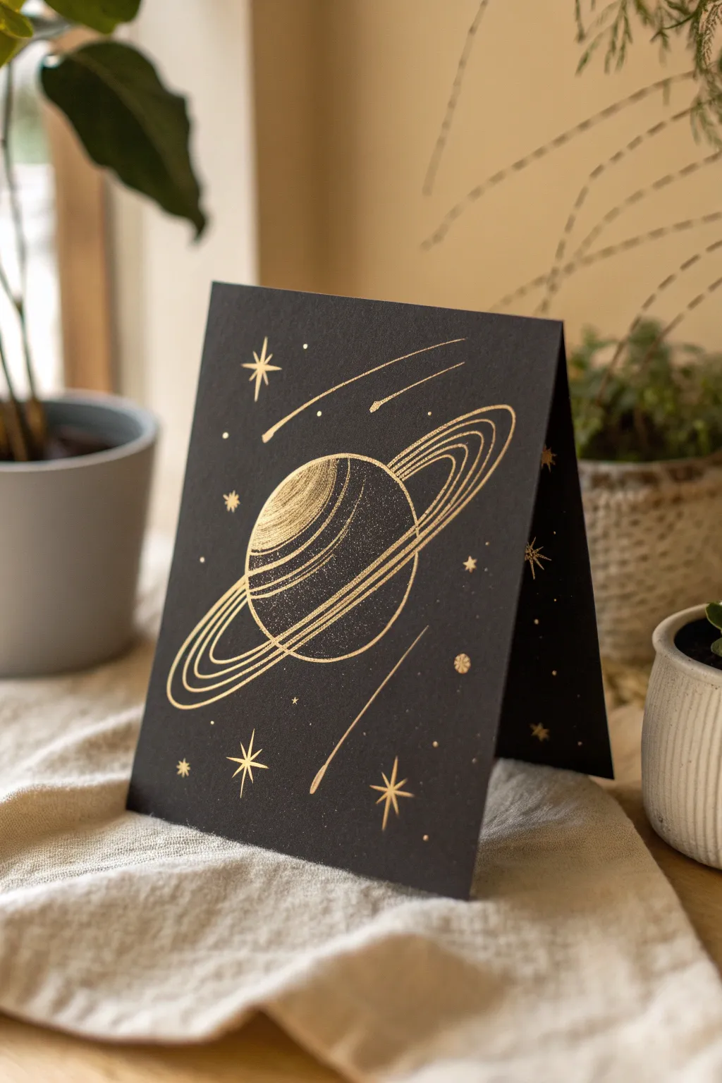 Minimal scratch art planet with rings, crisp gold lines on deep black for bold contrast