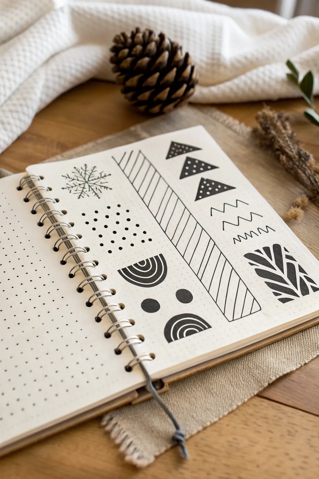 Pattern-filled scribble doodles in black ink with stripes, dots, scallops, and crosshatching.