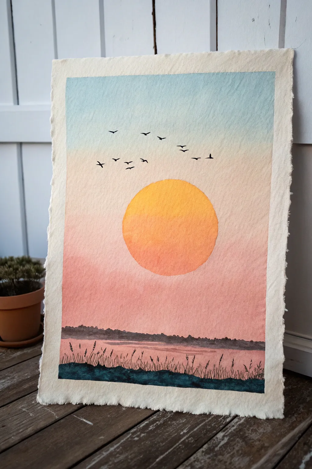 Minimal shadow painting: birds crossing a glowing sunset sun, clean gradient sky and bold silhouette.
