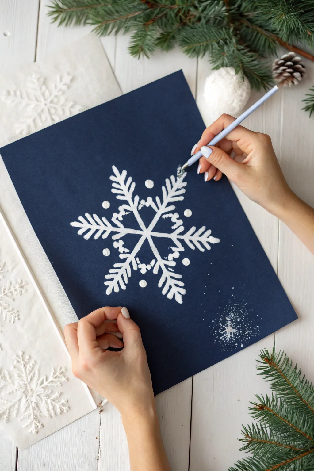 Cotton ball pounced snowfall creates a fluffy halo around a crisp snowflake on deep blue.