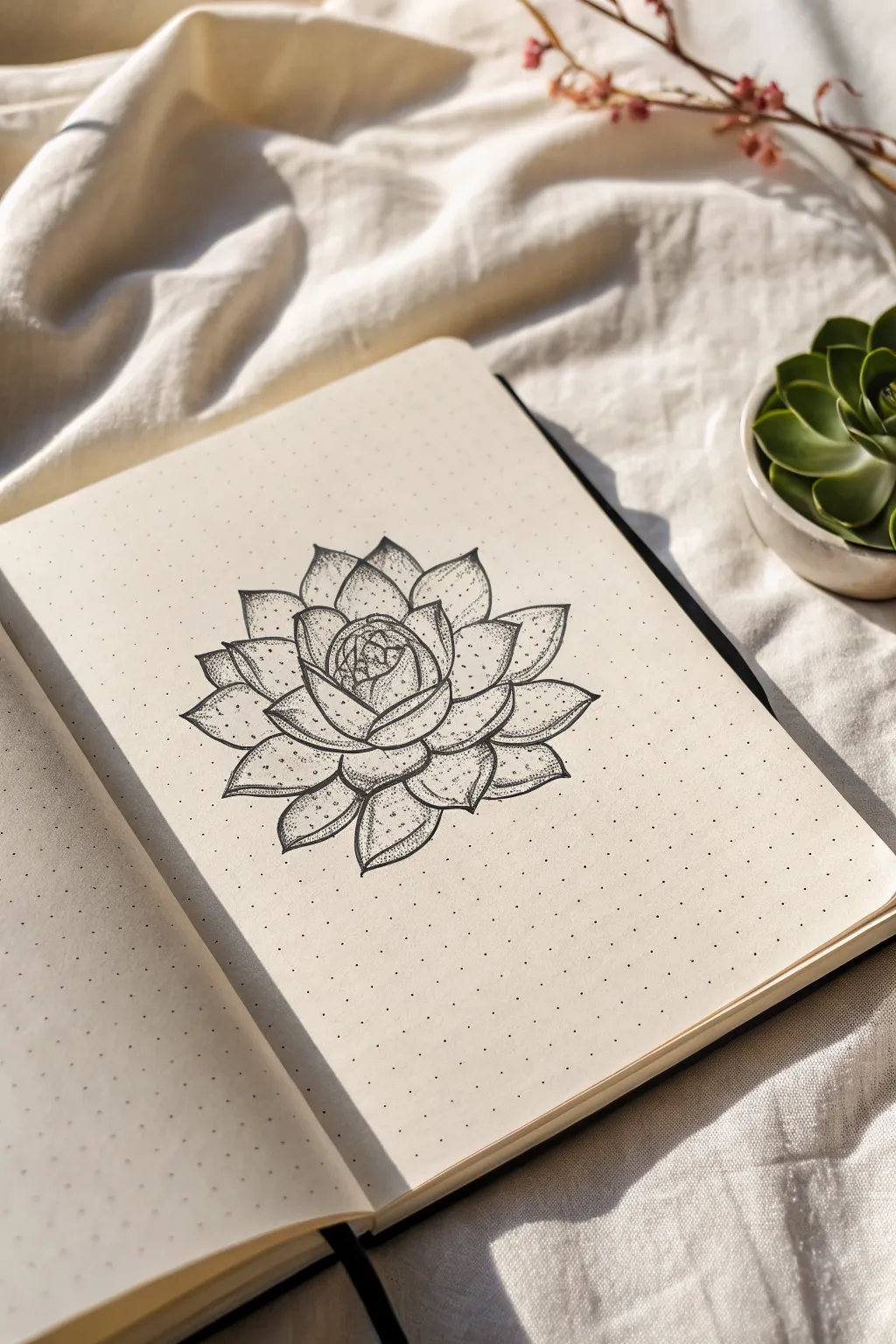 Tiny succulent rosette with gentle stippling shadows, a minimalist sketchbook idea to try