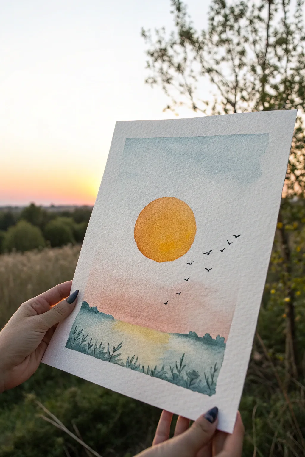 Minimal sun glow with tiny birds in silhouette, a calm Scandinavian boho watercolor idea
