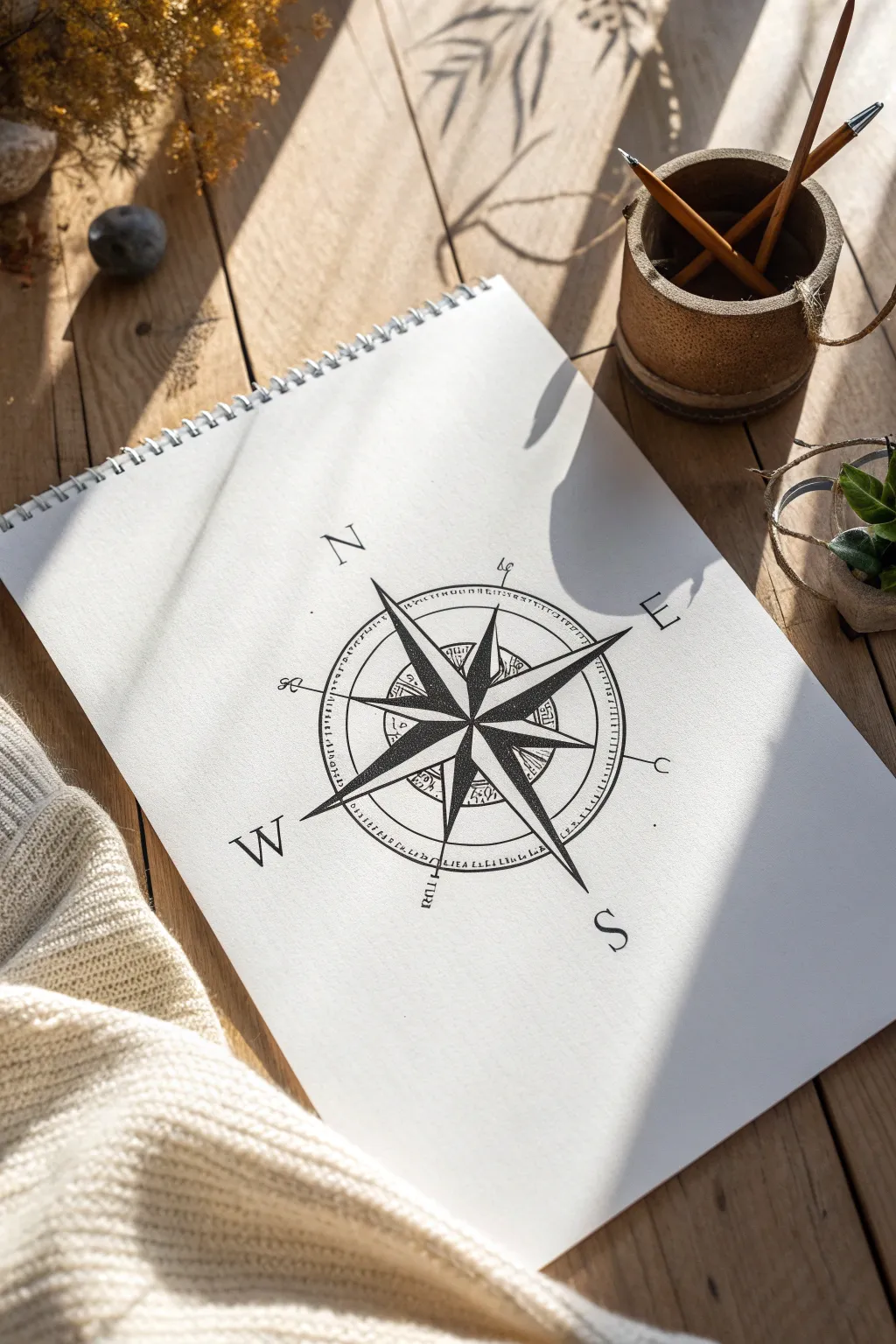 Minimal compass rose sketch: clean lines, bold contrast, perfect simple tattoo inspiration