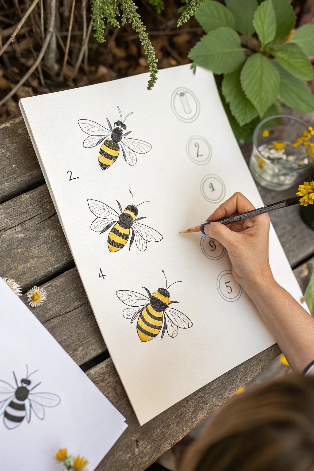 Five easy bumblebee drawing steps with ovals and stripes, a sweet kid-friendly doodle.