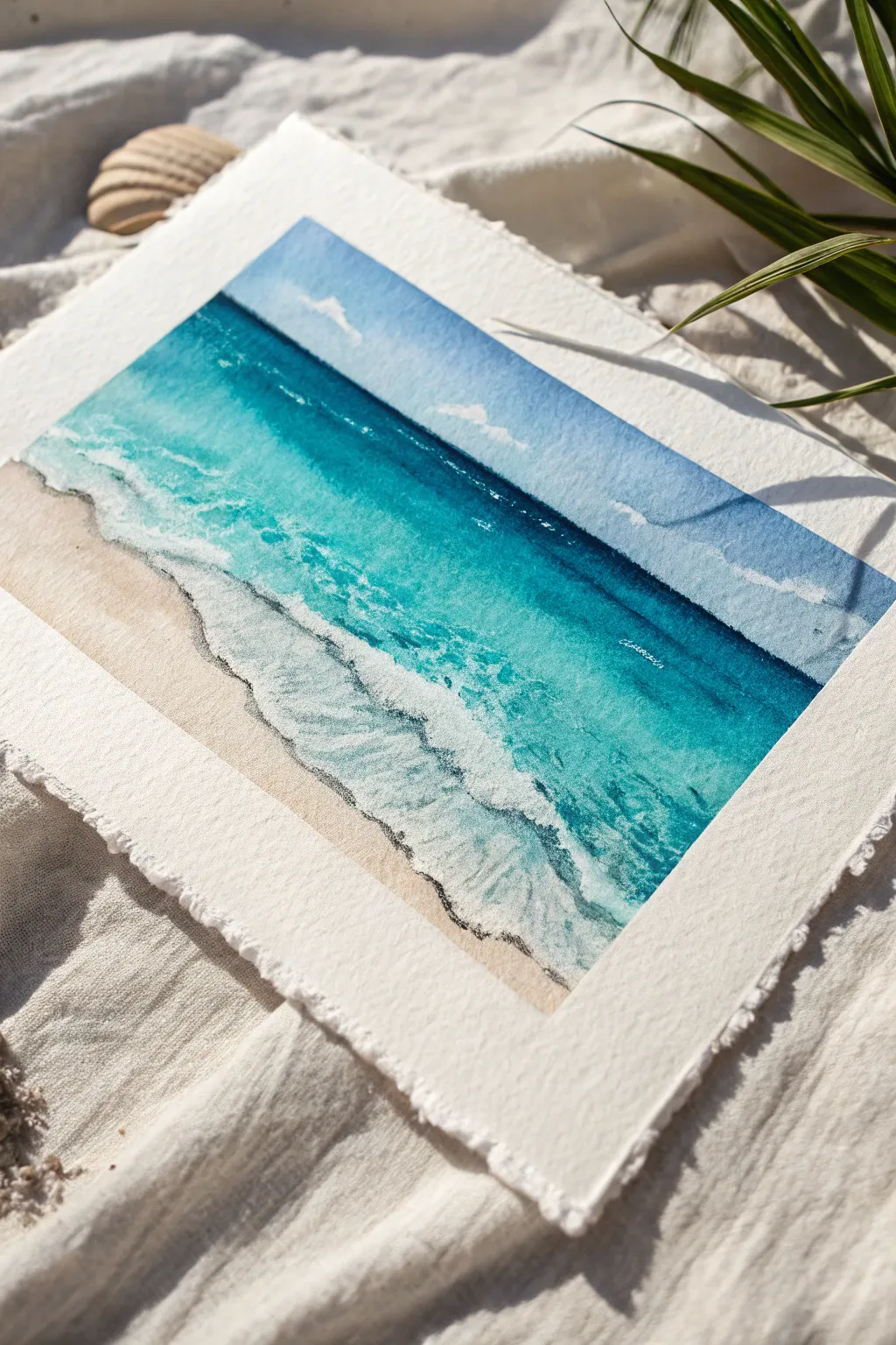 Paint a serene tropical ocean ombré wash: turquoise shore fading into deep blue calm.