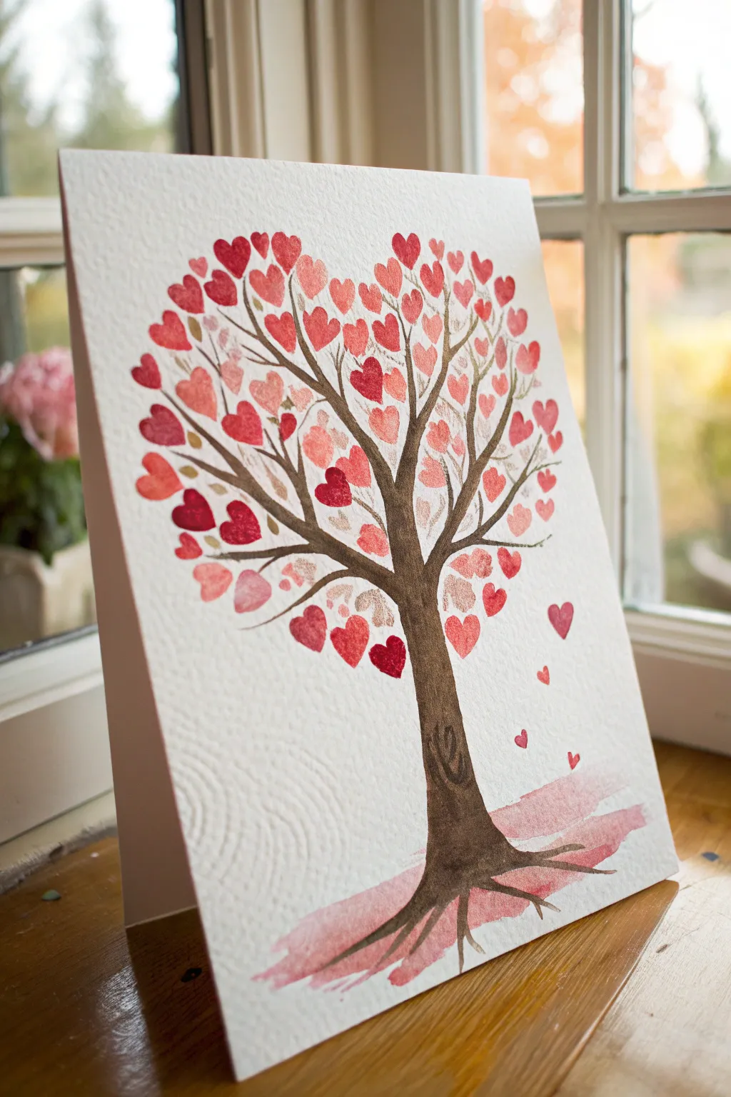 Sweet Heart Tree painting with rosy fingerprint leaves, perfect easy Valentine art idea