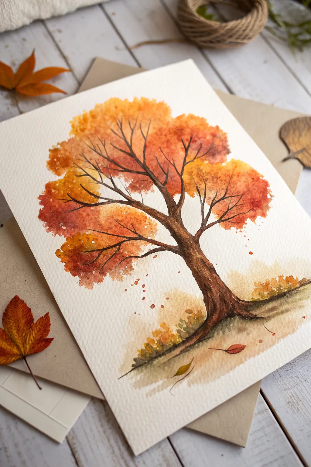 Playful blob-style autumn tree canopy in watercolor, warm dabs on crisp white paper
