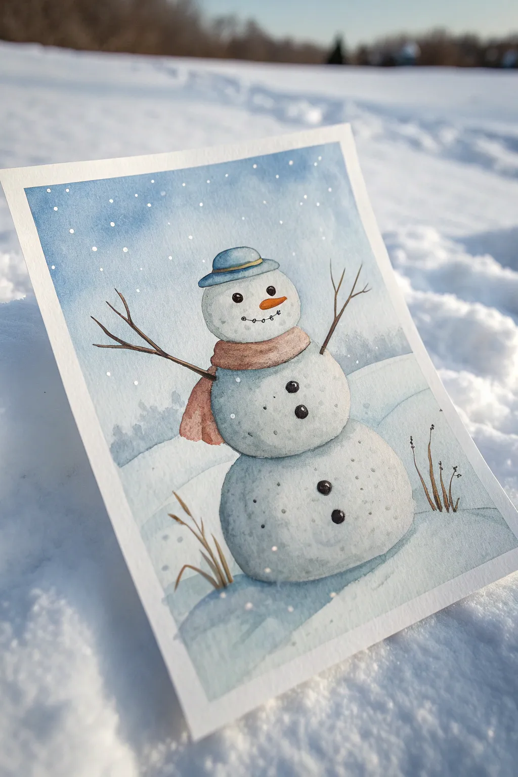 Paint a cute snowman from three circles, add a scarf, twig arms, and snowy splatter.