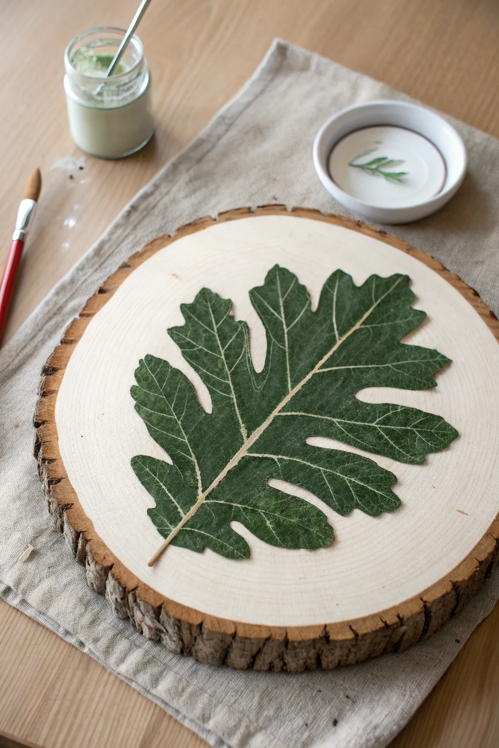 Bold leaf imprint on a wood slice with a real leaf beside it, clean and minimalist.