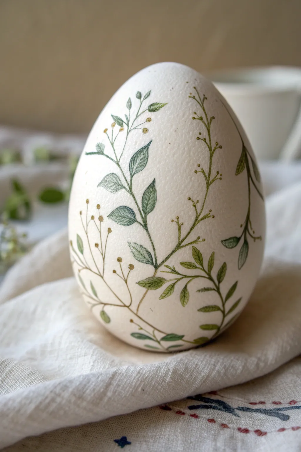 Paint airy leafy vines around an eggshell for a calm, minimalist botanical look today.