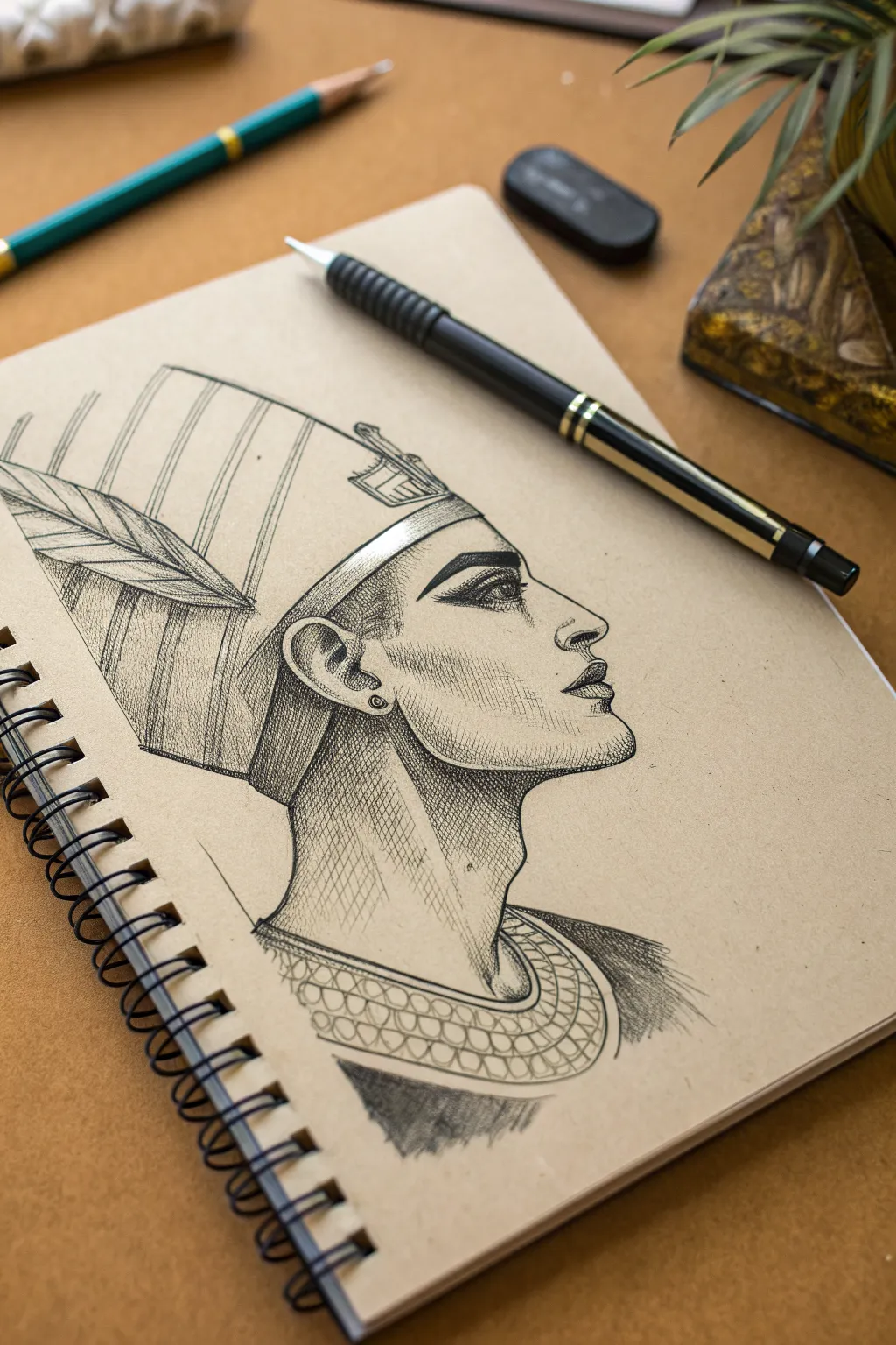 Pharaoh head profile study with dramatic kohl eye, simple lines, and a subtle beard detail.