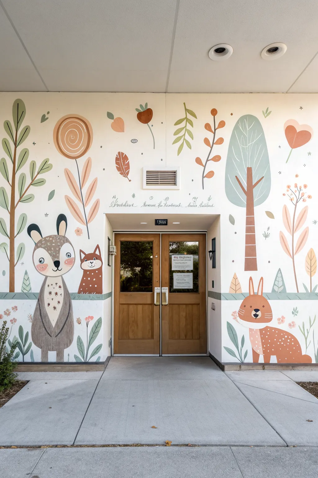 Friendly animal welcome mural lineup with blank signs, minimalist Scandinavian boho charm