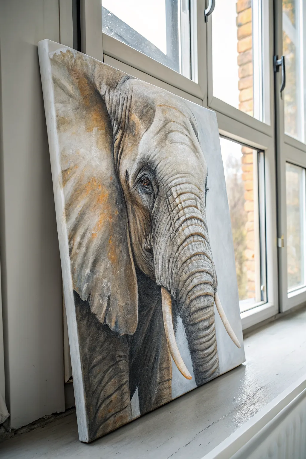 Close-up elephant face acrylic portrait with soft grays and bright highlights, minimalist boho mood