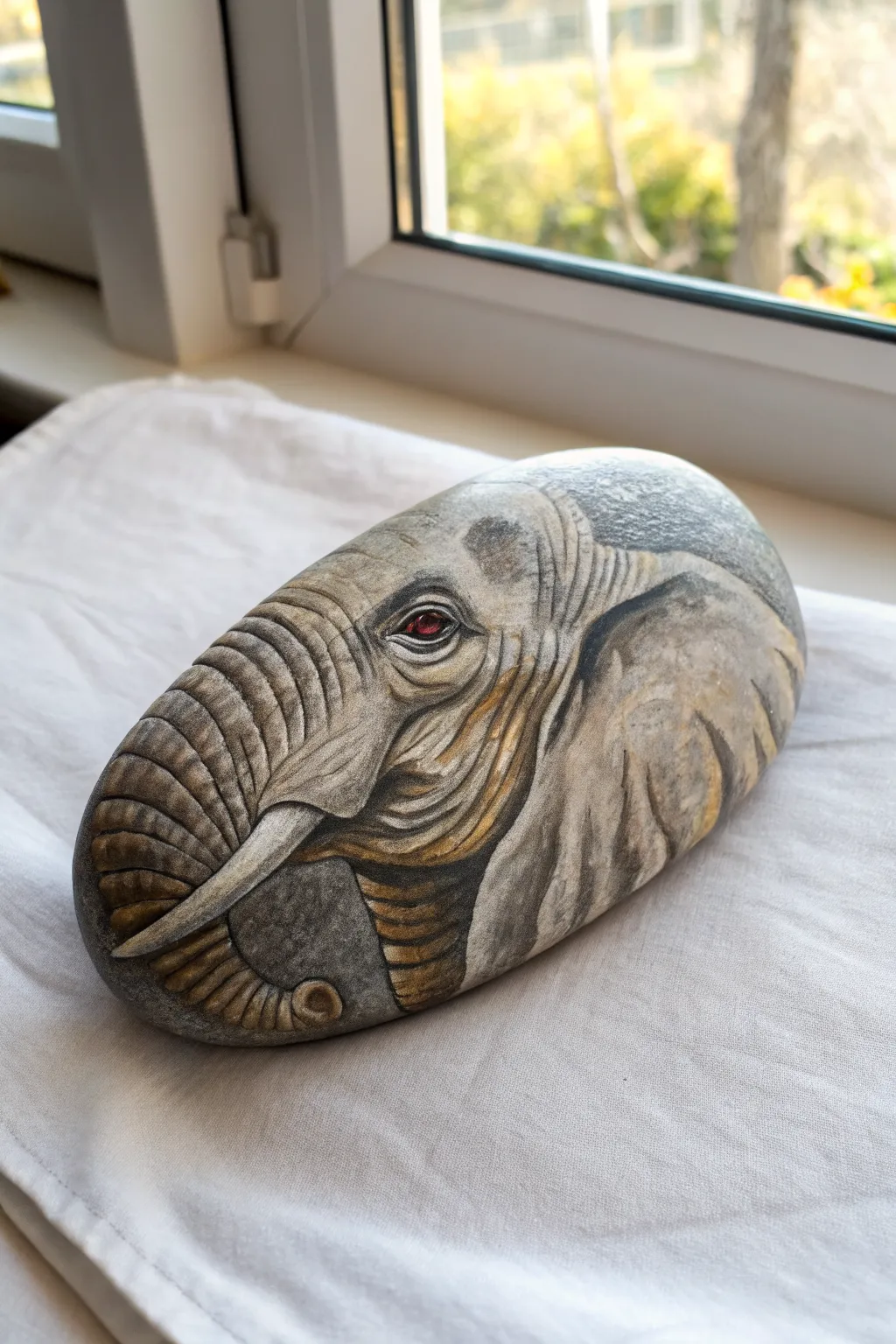 Realistic elephant face on a flat stone with soft neutrals, textured wrinkles, and bold contrast.