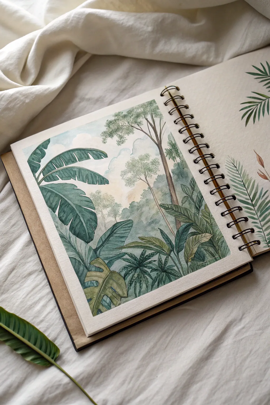 Look up into a dreamy rainforest canopy sketch with layered leaves and glowing sky gaps.