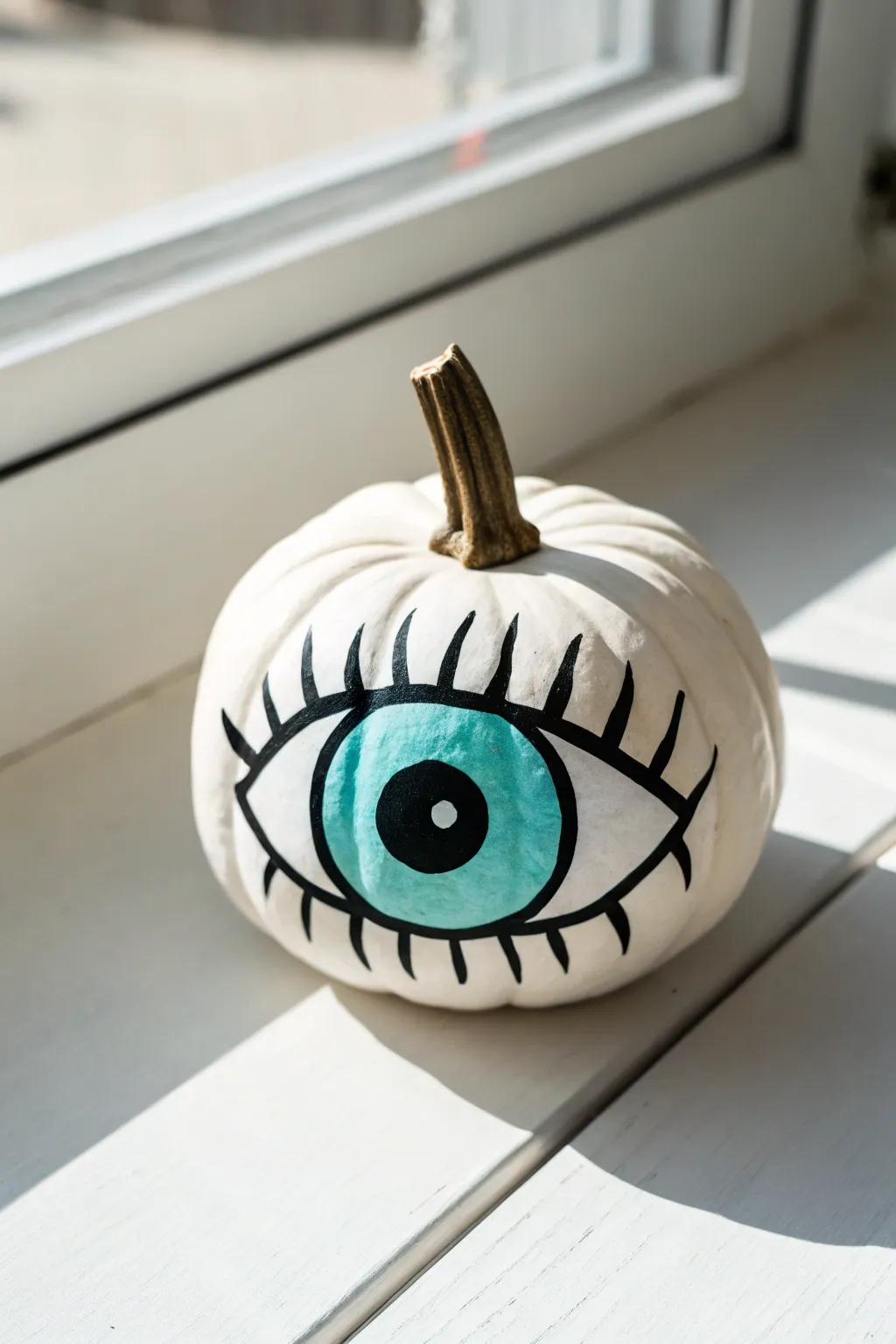 Paint a bold cartoon eyeball on a pumpkin for a playful, high-contrast, minimalist look.