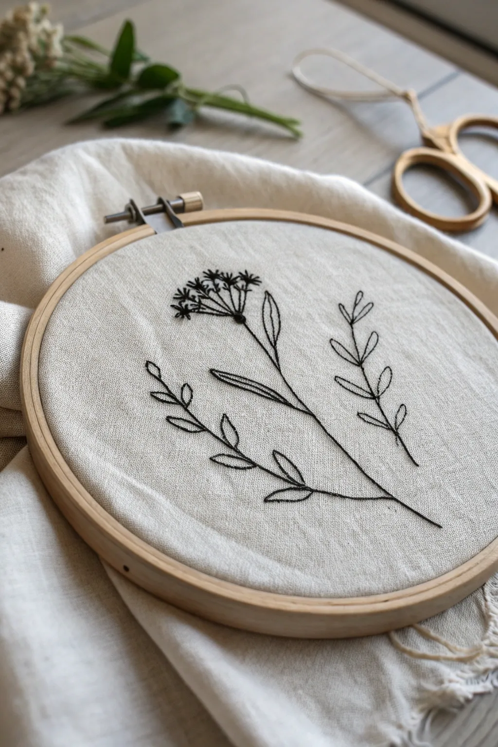 Minimal line embroidery on linen in a hoop, styled with neutral threads for calm contrast.