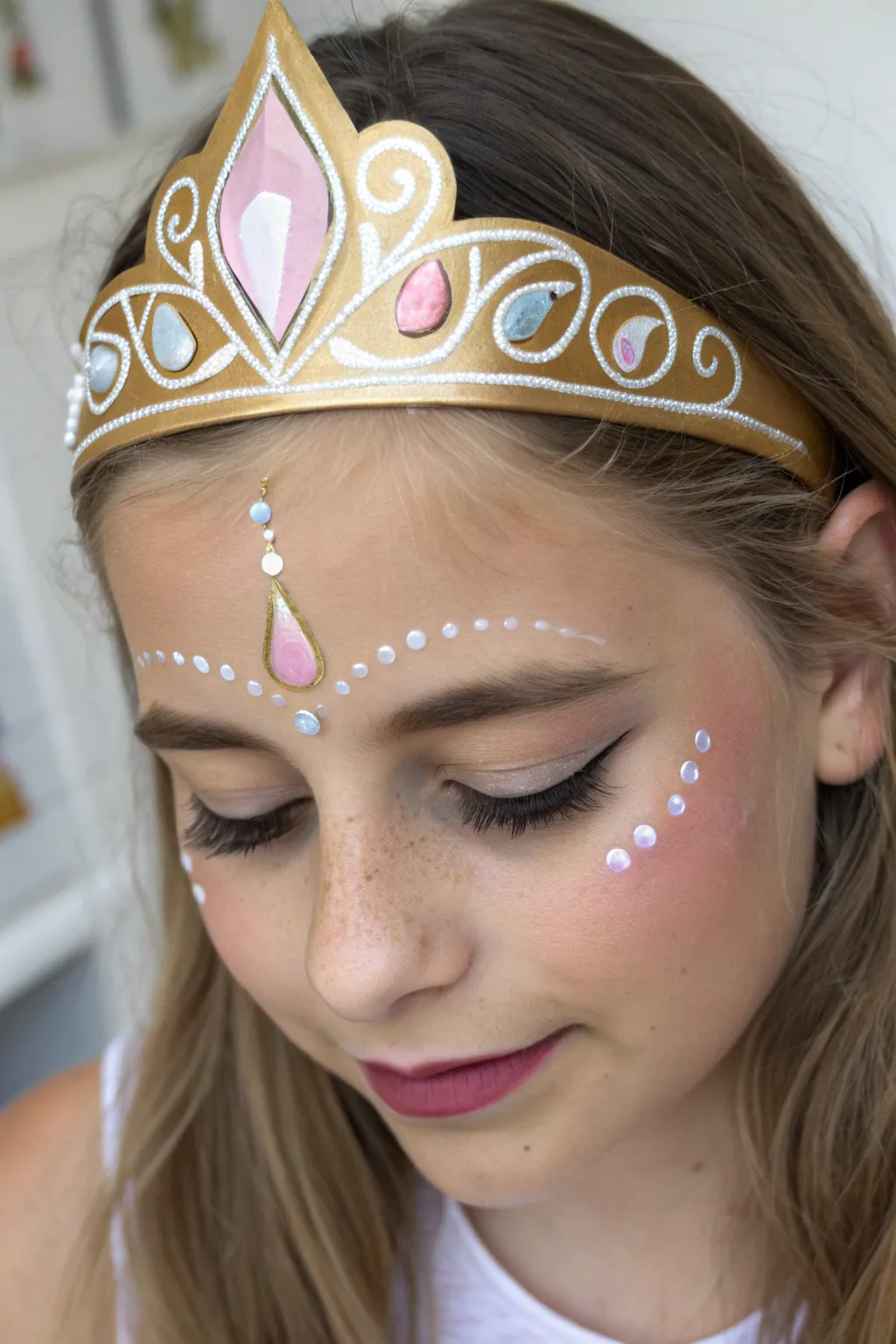 Princess crown face paint with subtle shimmer and teardrop jewels, clean boho elegance.