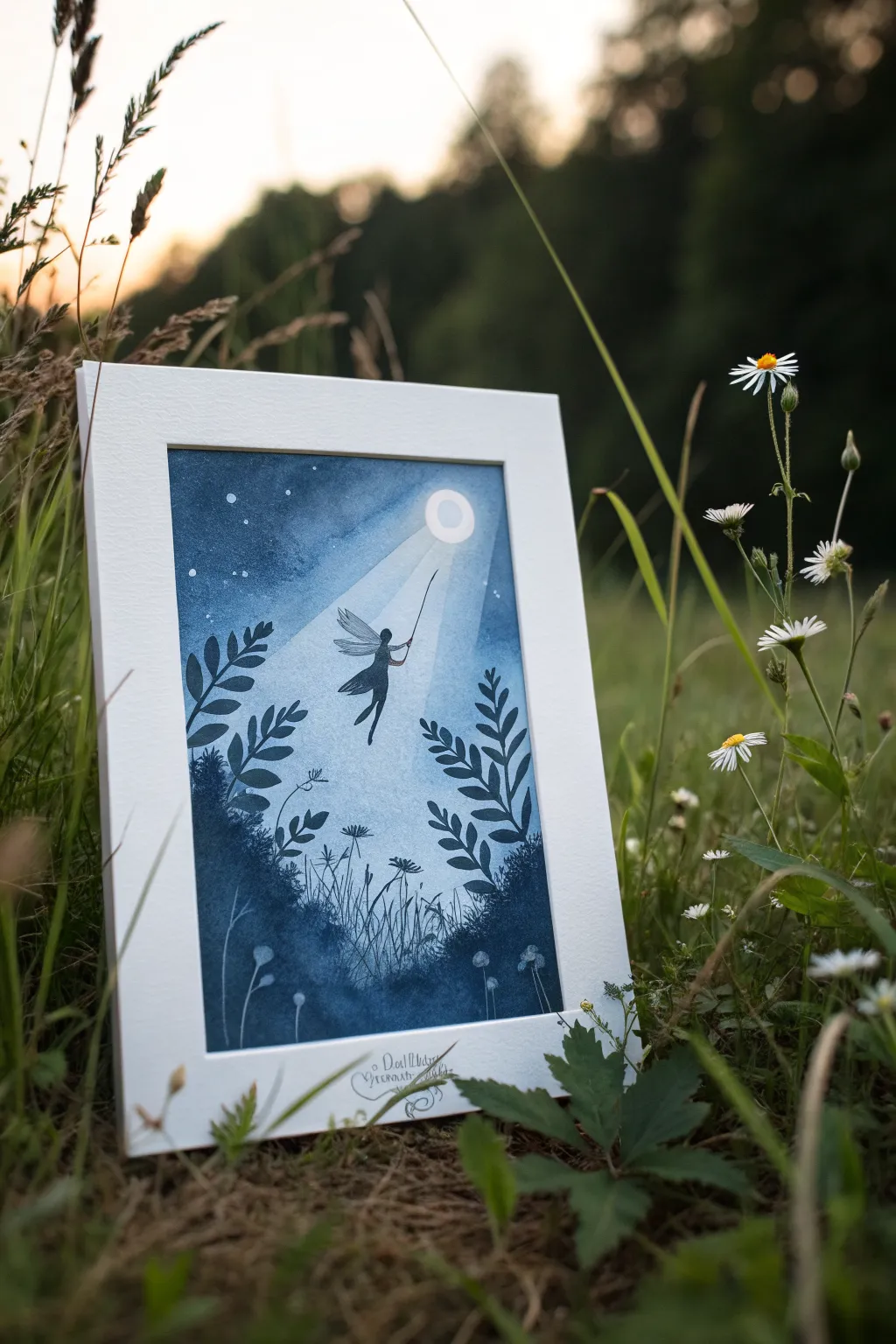 Moonbeam fairy silhouette with soft florals and sparkling pollen for dreamy fairy garden art