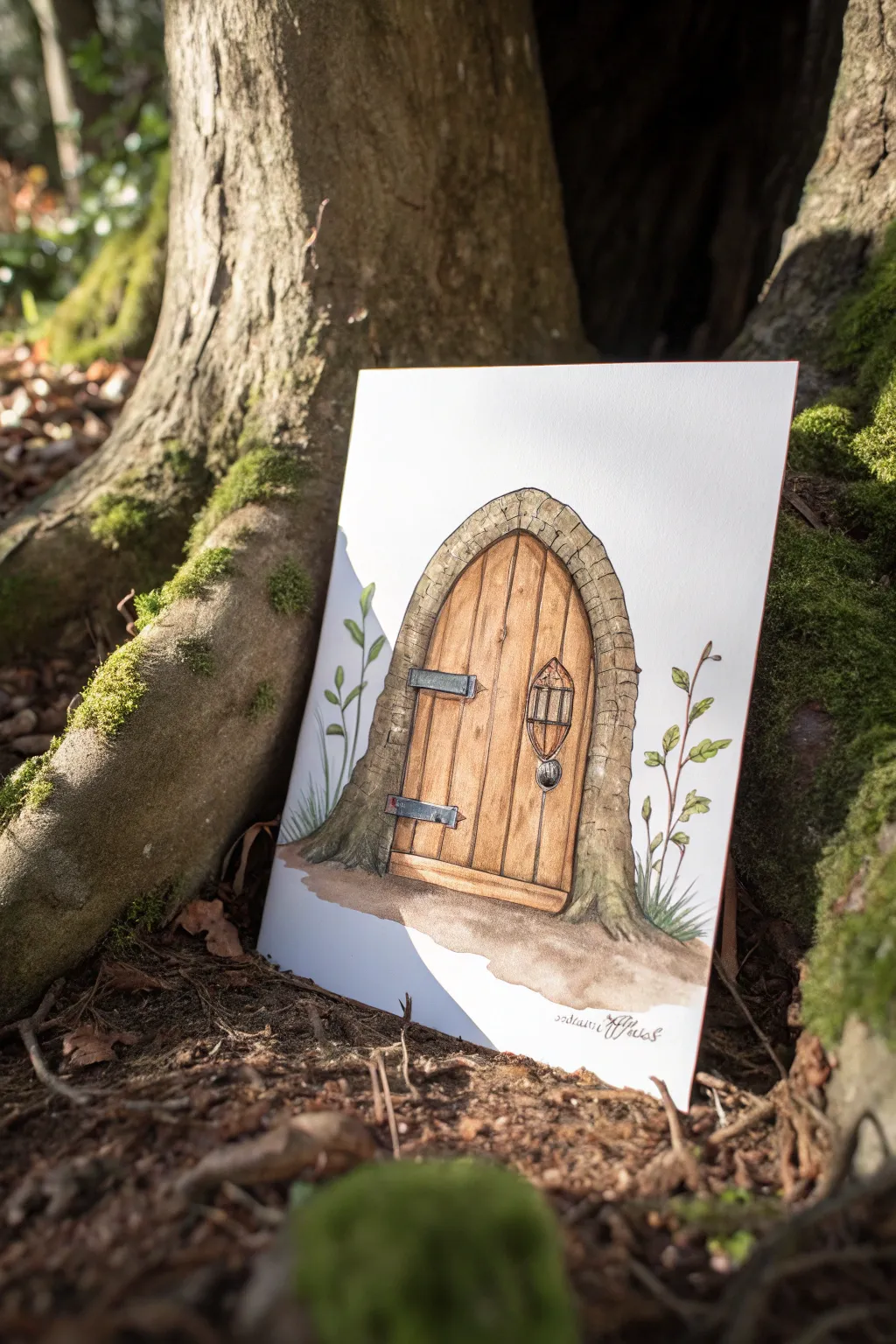 Root-wrapped arched fairy door sketch with rich wood grain and cozy shadowed roots