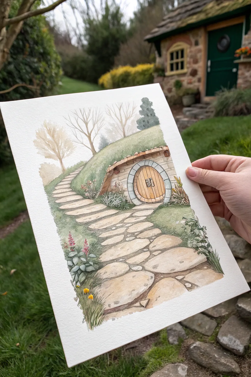 Paint a winding stone path that leads the eye straight to a tiny fairy house door