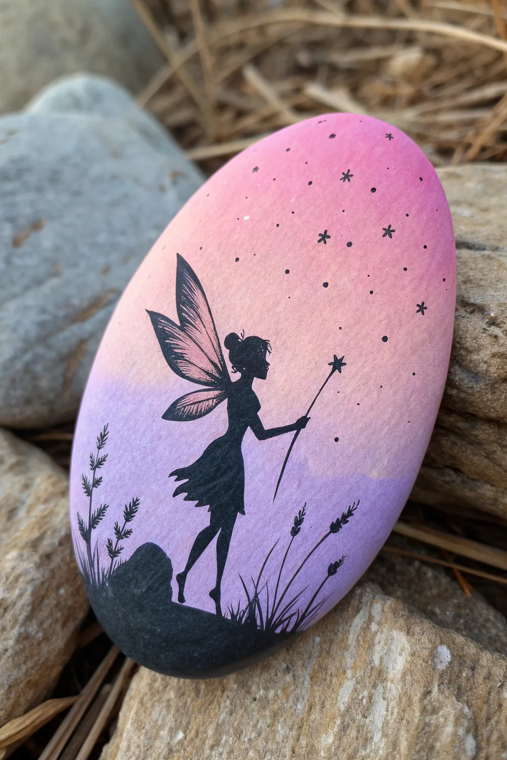 Silhouette fairy on a sunset-gradient rock, simple and dreamy for easy DIY painting.