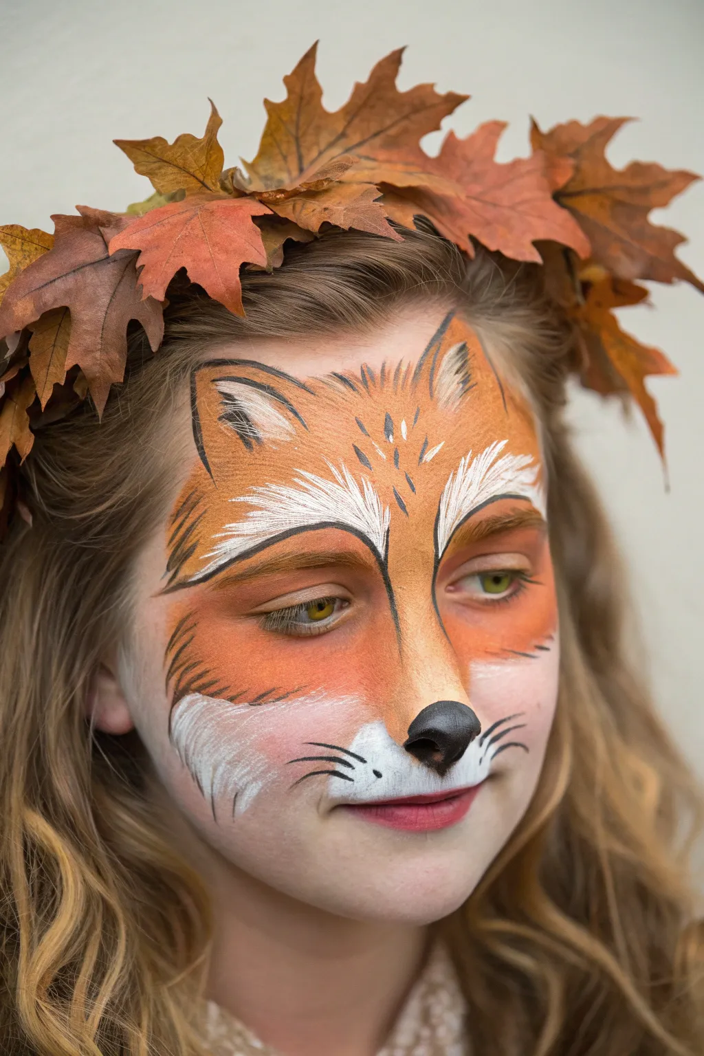 Woodland fox face paint with a delicate autumn leaf crown, warm tones and crisp highlights